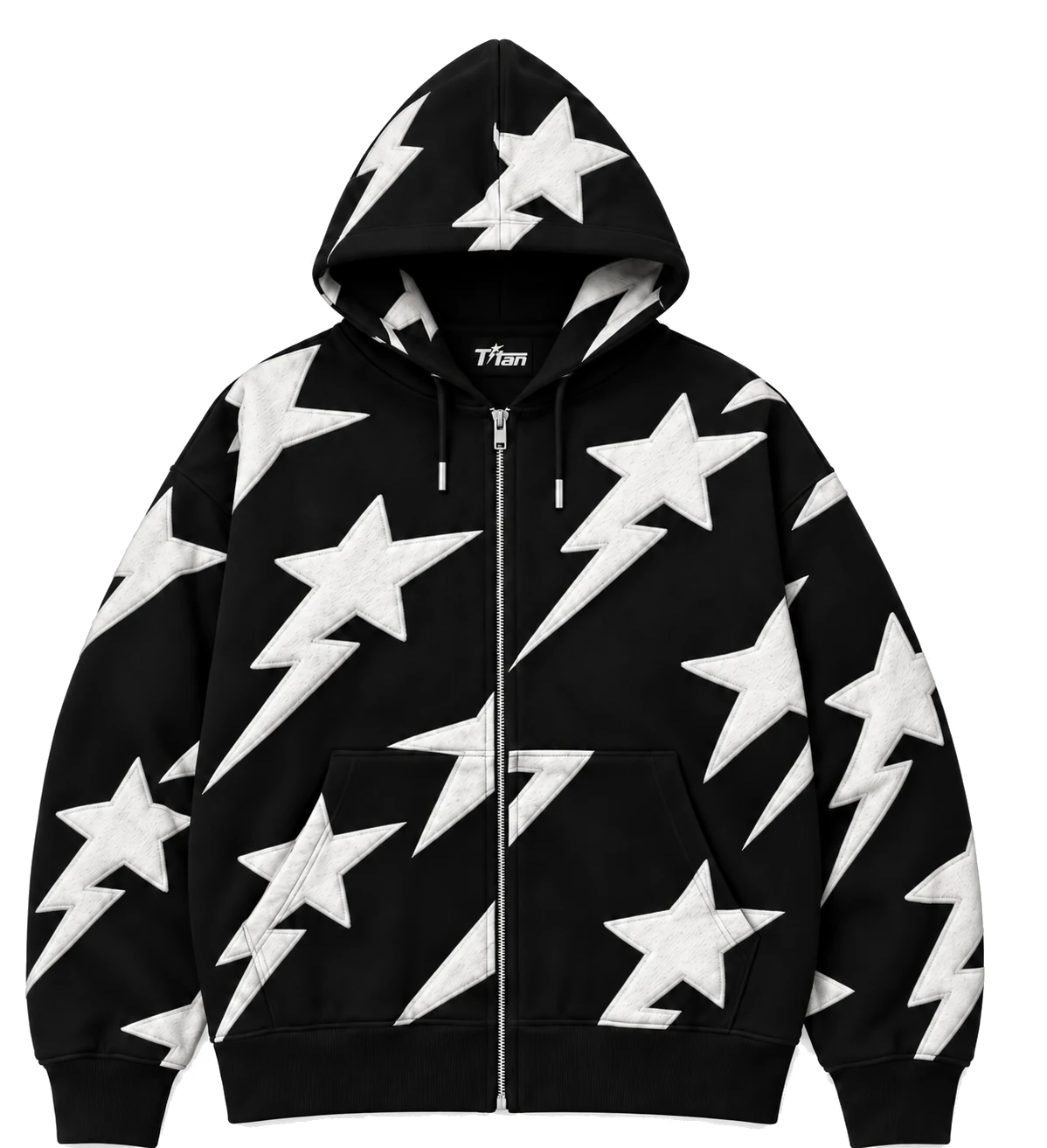 Titan Starmark Patch Hoodie black zip hoodie with embroidered star patches