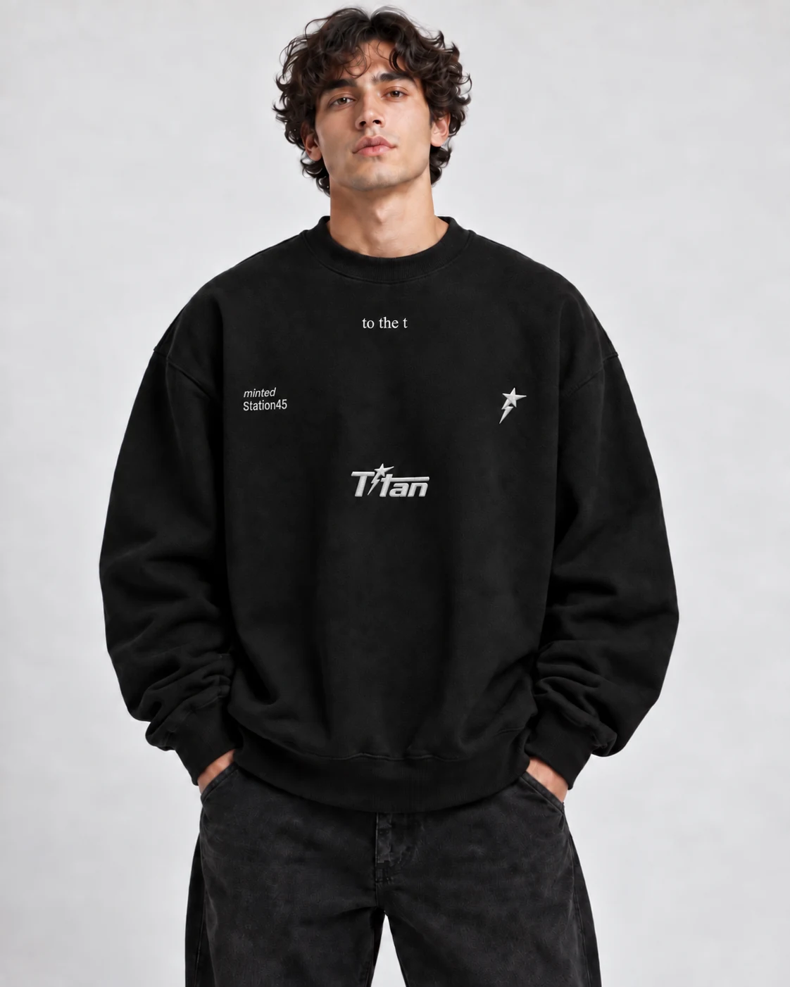 Titan 4-Stitch Pullover black crewneck sweatshirt with wordmark and star seal