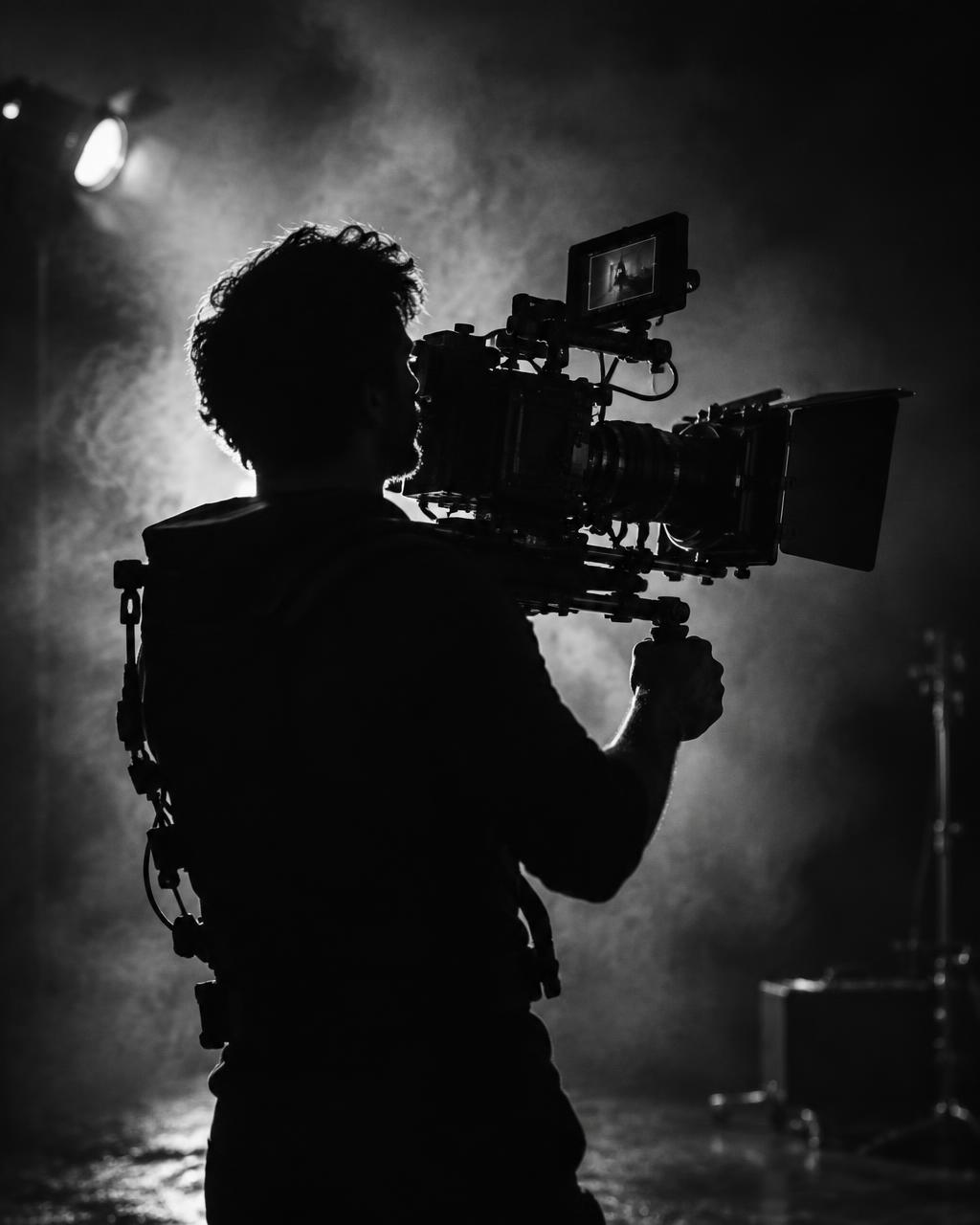 Camera operator silhouetted against studio light on a dark film set