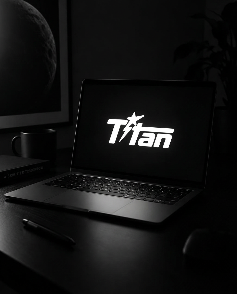 Laptop glowing in a dark room with the Titan logo on screen